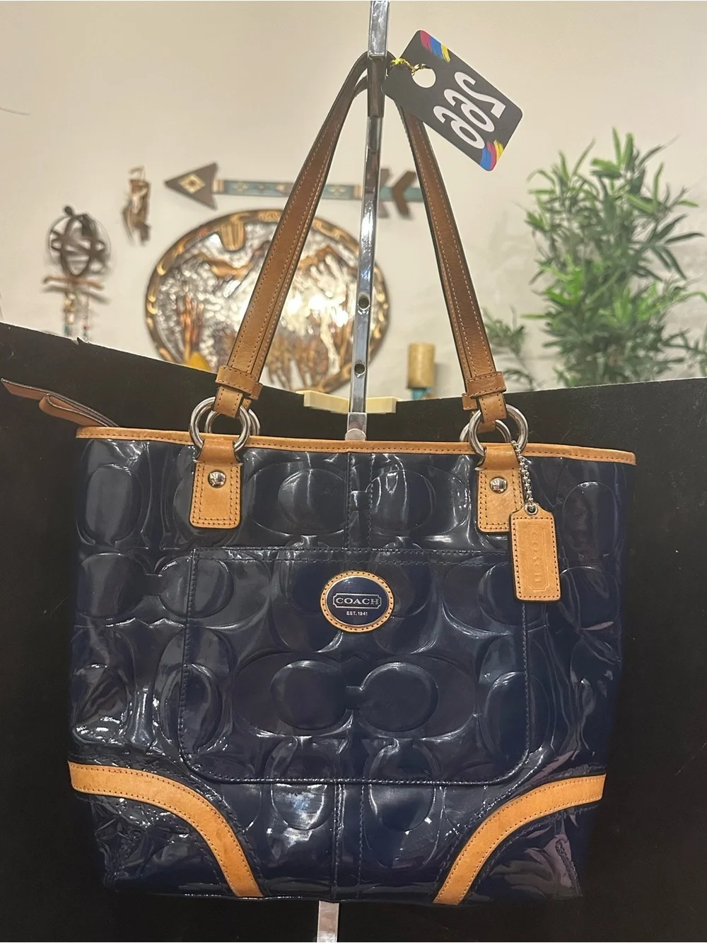 Coach #266 Peyton Embossed Navy Patent Tote with Tan Leather Trim